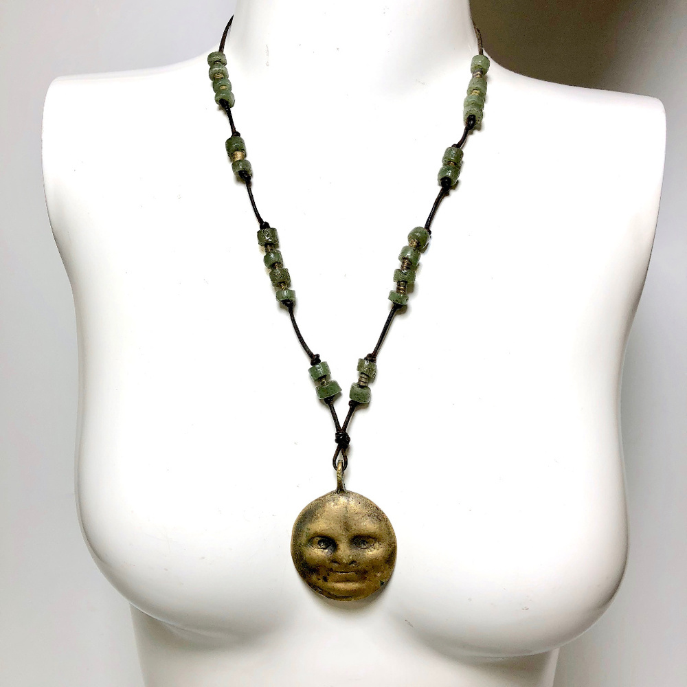 Modernist Brass Lunar Moon Face Pendant Necklace